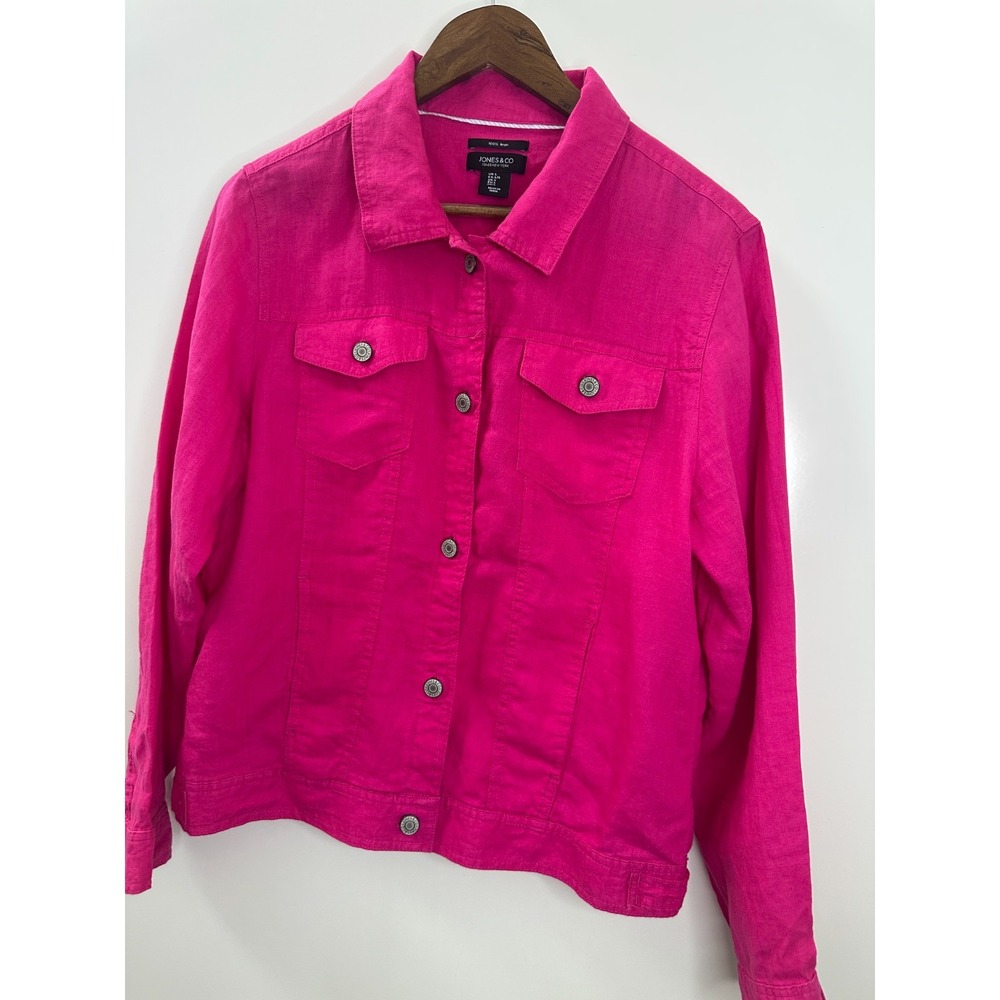 Jones & Co 100% Linen Jones New York Pink Trucker Jacket Large Fuchsia Layering - Picture 4 of 10
